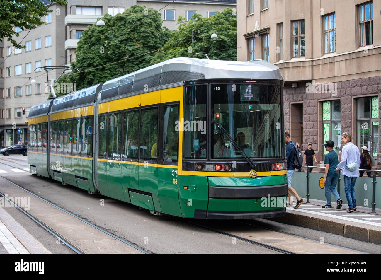 Tram number 463 on line 4 at Hesperianpuisto tram stop in Helsinki, Finland Stock Photo