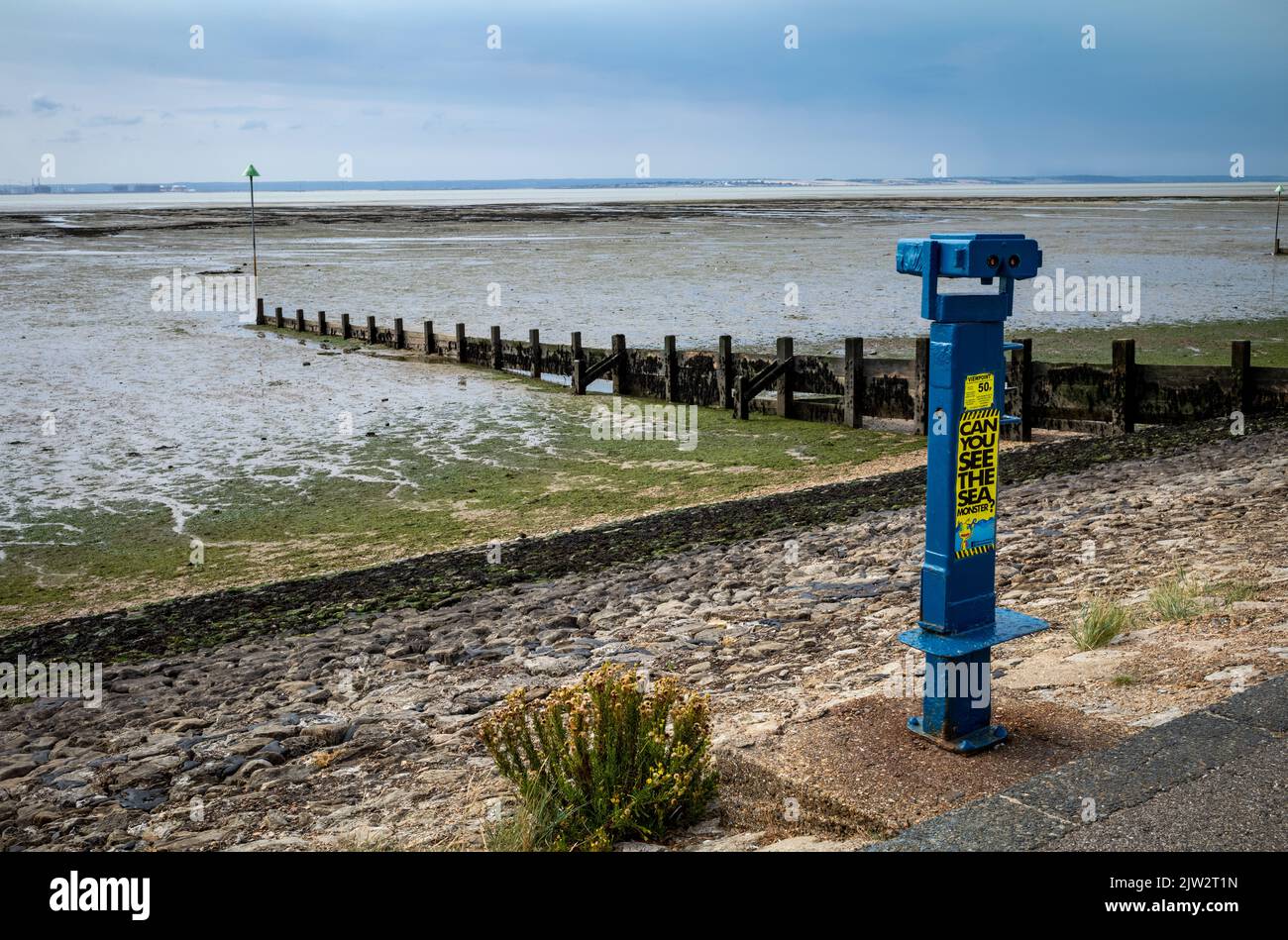 A set of public coin-operated binoculars on the foreshore at Southend-on-Sea, Essex, UK. Stock Photo