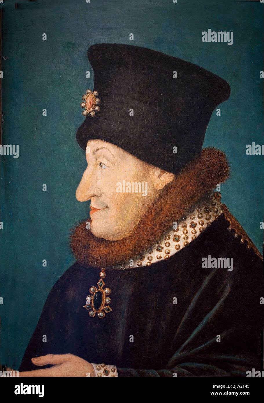 Portrait de Philippe Le Hardi, duc de Bourgogne (1342-1404). Il porte un chapeau et un col en fourrure avec un pendentif. Peinture. Musee des Beaux Arts de Dijon. Stock Photo