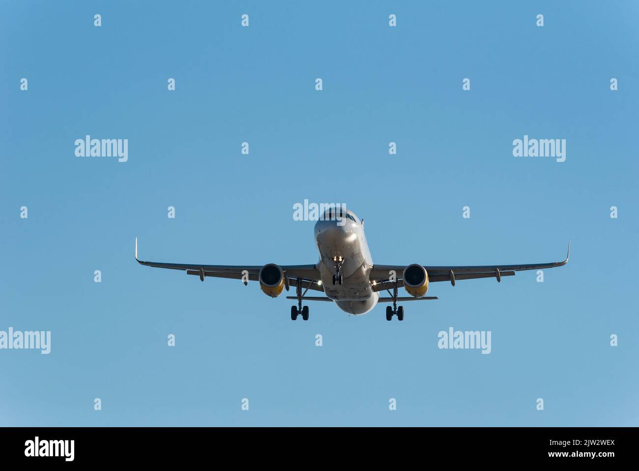 Passenger airplane on approach to the airport landing - stock photo Stock Photo