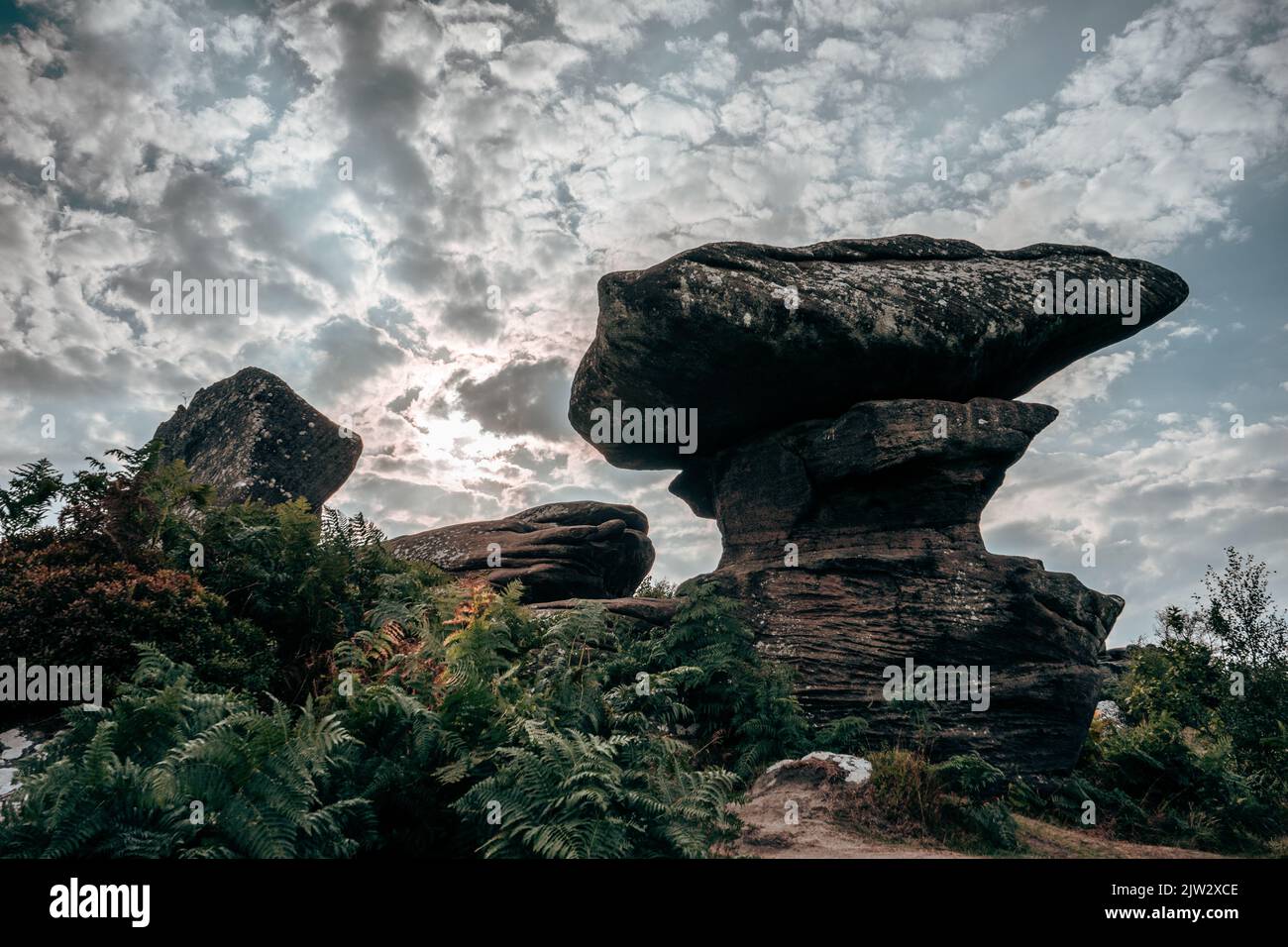 Rocks and Sun, Brimham Rocks, North Yorkshire Stock Photo