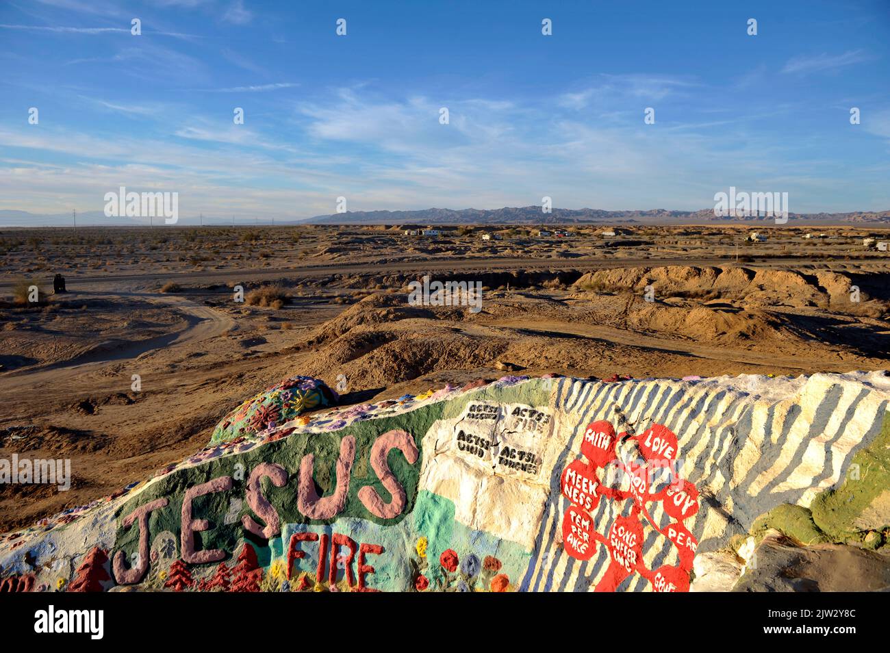 View of Salvation Mountain, in the California Desert area of Imperial County, north of Calipatria, northeast of Niland. Stock Photo