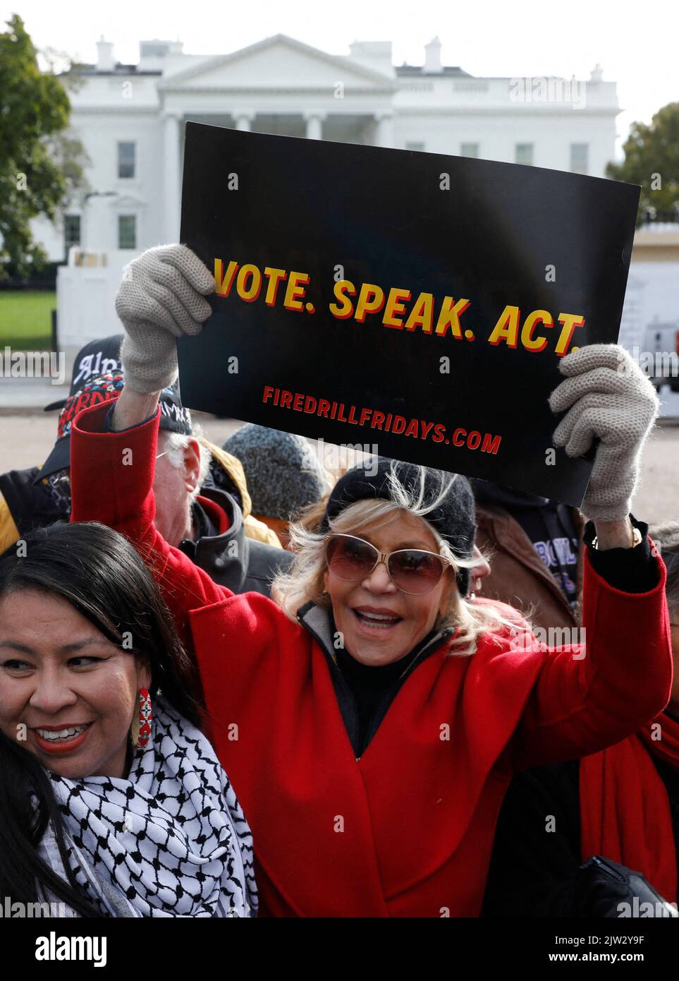 Actress Jane Fonda participates in a rally against climate change outside the White House in Washington on November 8, 2019. Fonda, known for her opposition to the Vietnam War, participated in the Fire Drill Friday's climate change, every Friday to shine light on the changing climate and to encourage political action on the issue. Photo by Yuri Gripas/ABACAPRESS.COM Stock Photo