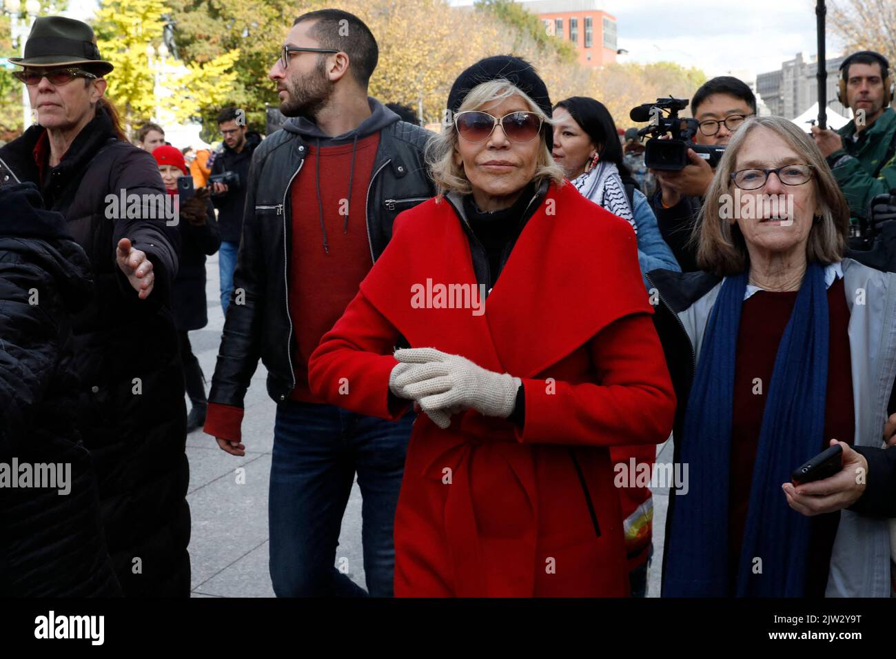 Actress Jane Fonda participates in a rally against climate change outside the White House in Washington on November 8, 2019. Fonda, known for her opposition to the Vietnam War, participated in the Fire Drill Friday's climate change, every Friday to shine light on the changing climate and to encourage political action on the issue. Photo by Yuri Gripas/ABACAPRESS.COM Stock Photo