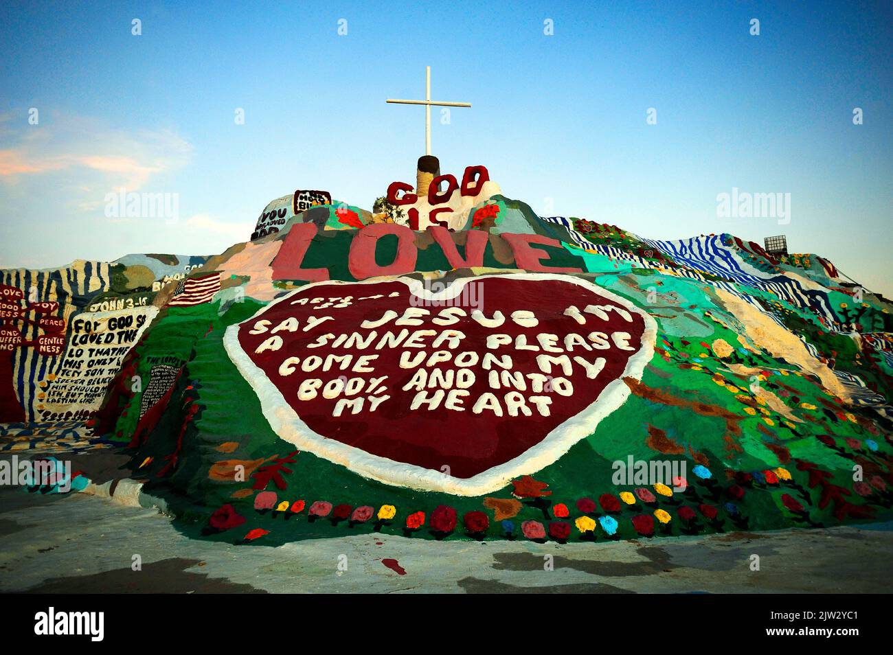View of Salvation Mountain, in the California Desert area of Imperial County, north of Calipatria, northeast of Niland. Stock Photo