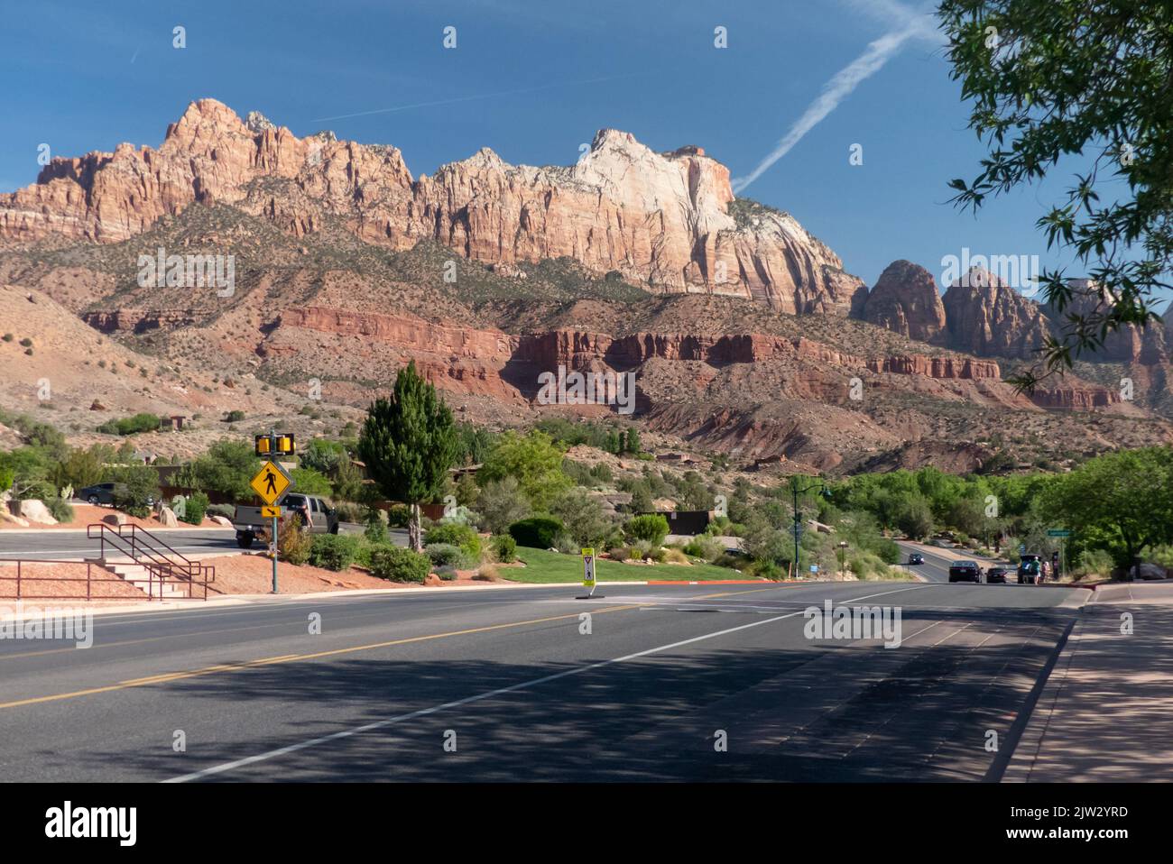 Zion NP in Utah, USA: approaching the entrance. Stock Photo