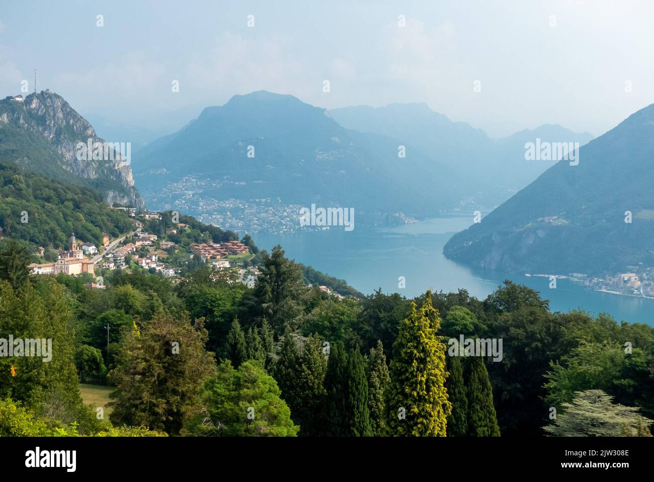 Ticino, Switzerland: the view of Lake Lugano from Parco San Grato Stock Photo