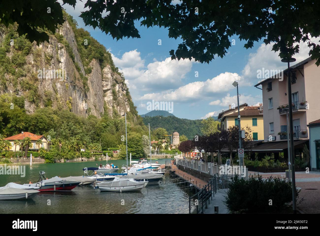 Lake Lugano: the narrow channel at Lavena Ponte Tresa, that separates Italy and Switzerland Stock Photo