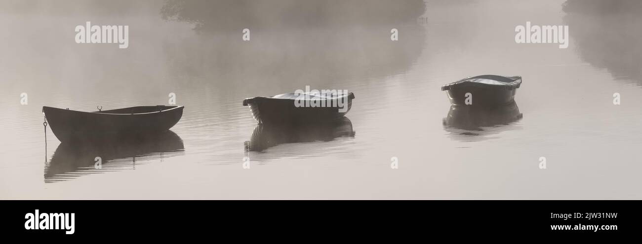 Fishing boats in lake and early morning mist with boats in background Stock Photo