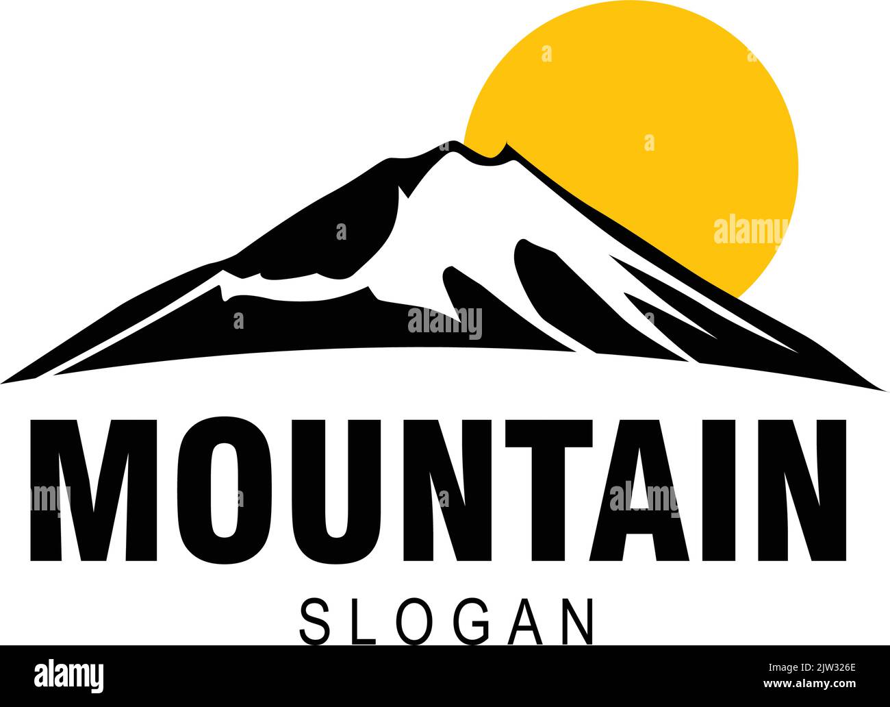 A logo of a rising sun behind the mountain with editable text on the white background Stock