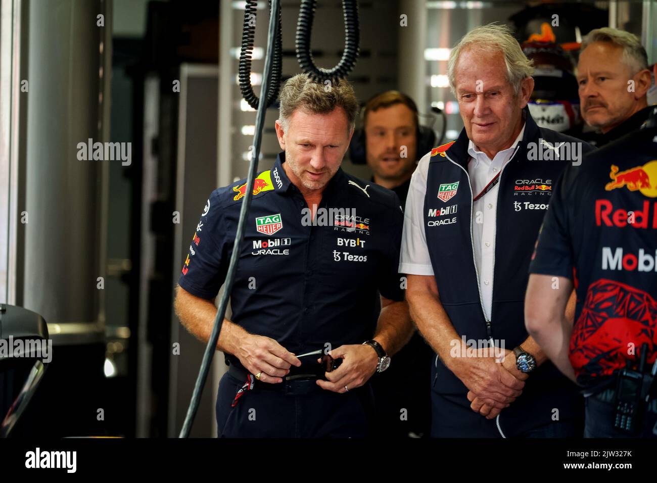 Zandvoort, Netherlands. 03rd Sep, 2022. ZANDVOORT, NETHERLANDS - SEPTEMBER 3: Oracle Red Bull Racing Team Principal Christian Horner and Oracle Red Bull Racing Team Consultant Dr Helmut Marko during the Final Practice ahead of the Formula 1 Dutch Grand Prix at Cicuit Zandvoort on September 3, 2022 in Zandvoort, Netherlands (Photo by Marcel ter Bals/BSR Agency) Credit: Orange Pics BV/Alamy Live News Stock Photo