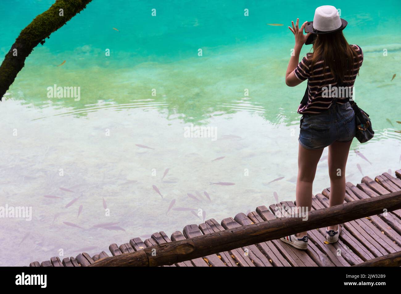 Young female tourist photographing fishes in the crystal clear water of a pool in  Plitvice Lakes National Park, Croatia, Europe. Stock Photo