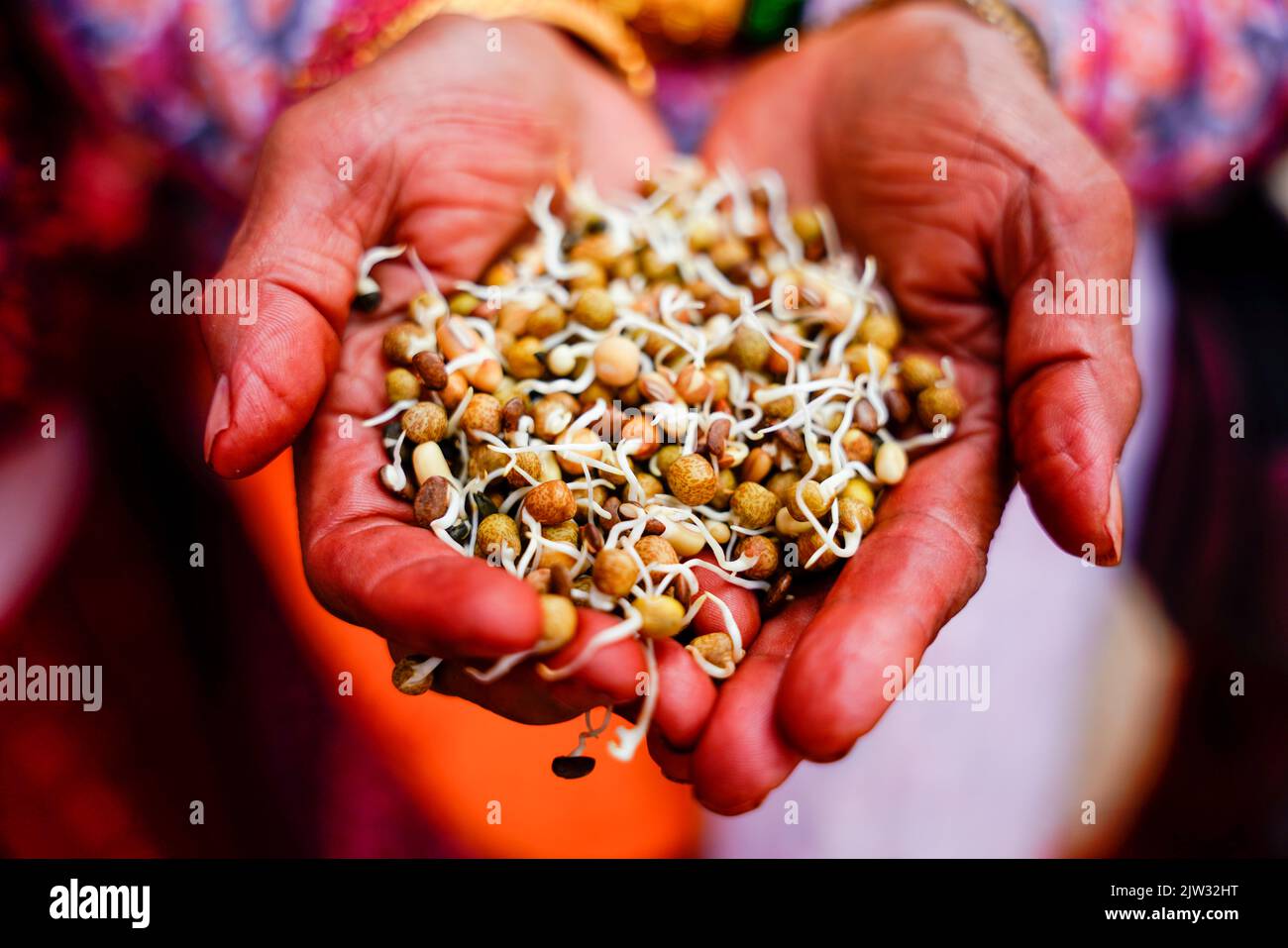 A devotee holds religious offerings, a mixture of seeds for worshipping