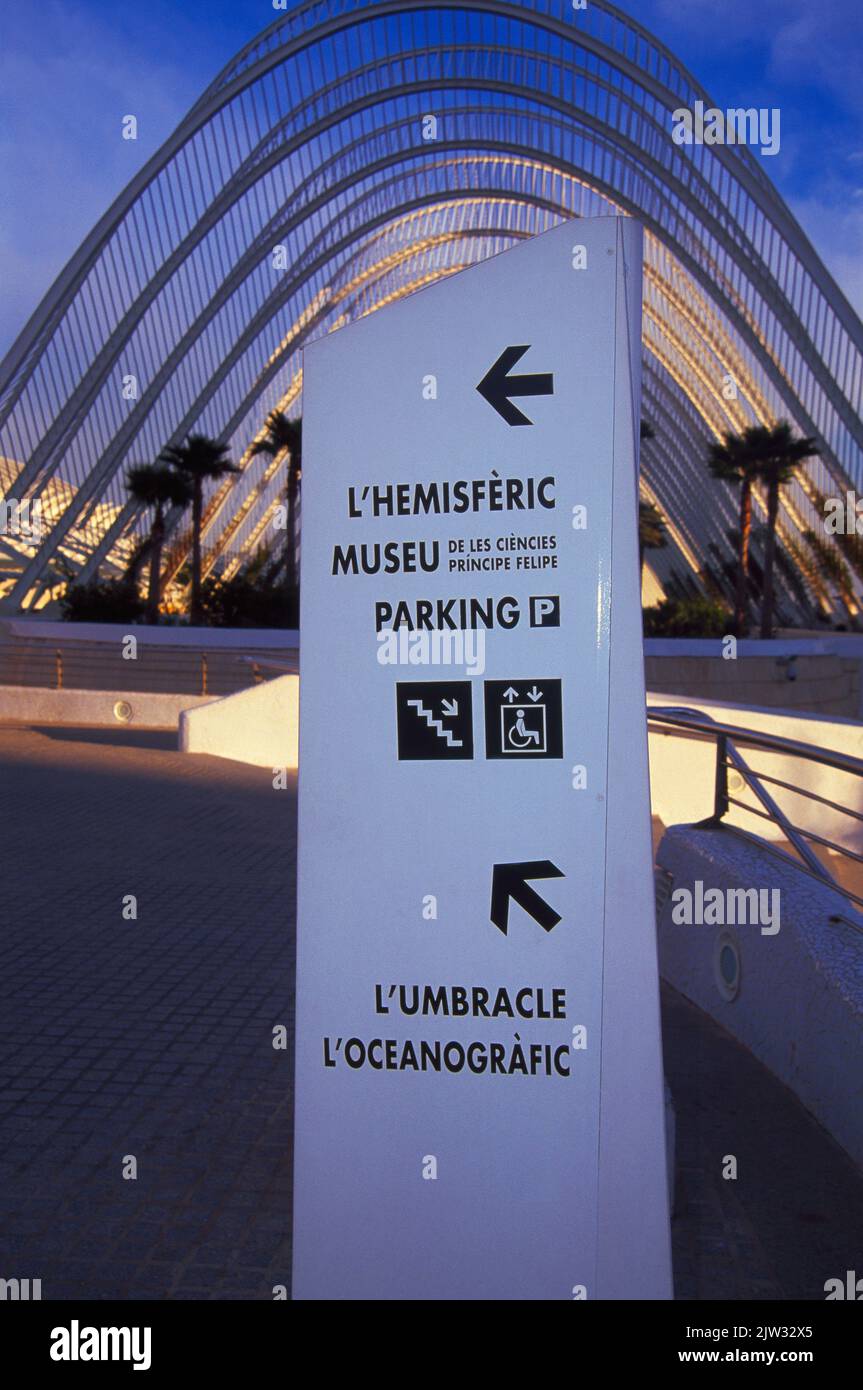 Information sign. City of Arts and Sciences, Valencia, Spain. Stock Photo