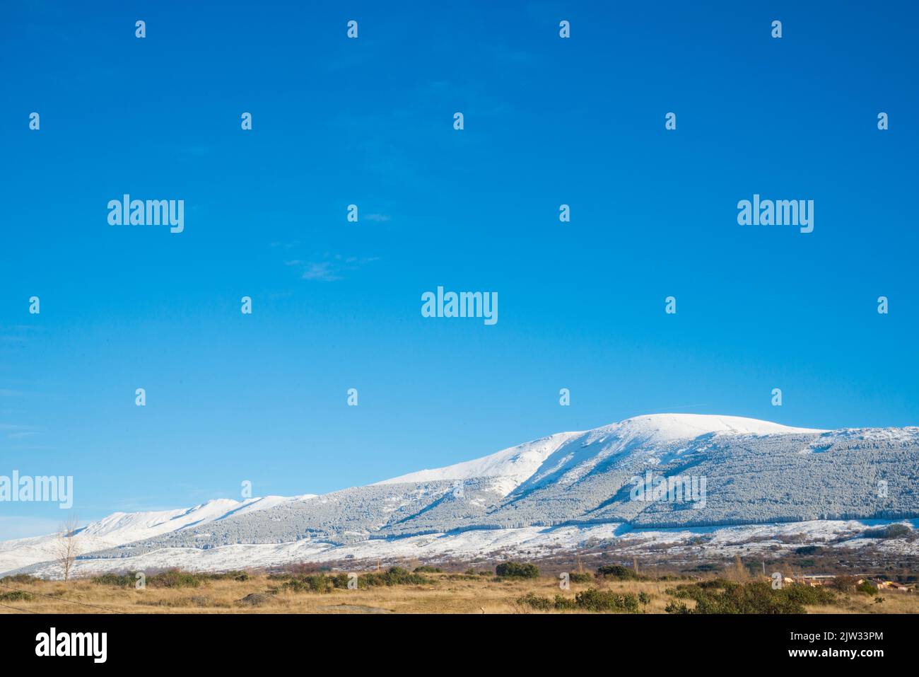 Snow covered mountain. La Rades del Puerto, Segovia province, Castilla leon, Spain. Stock Photo