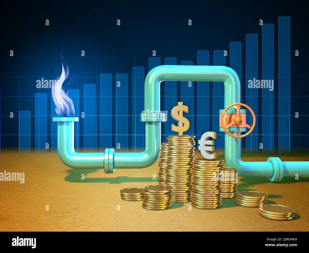 Gas pipes and a stack of coin with currency simbols. Digital illustration. Stock Photo