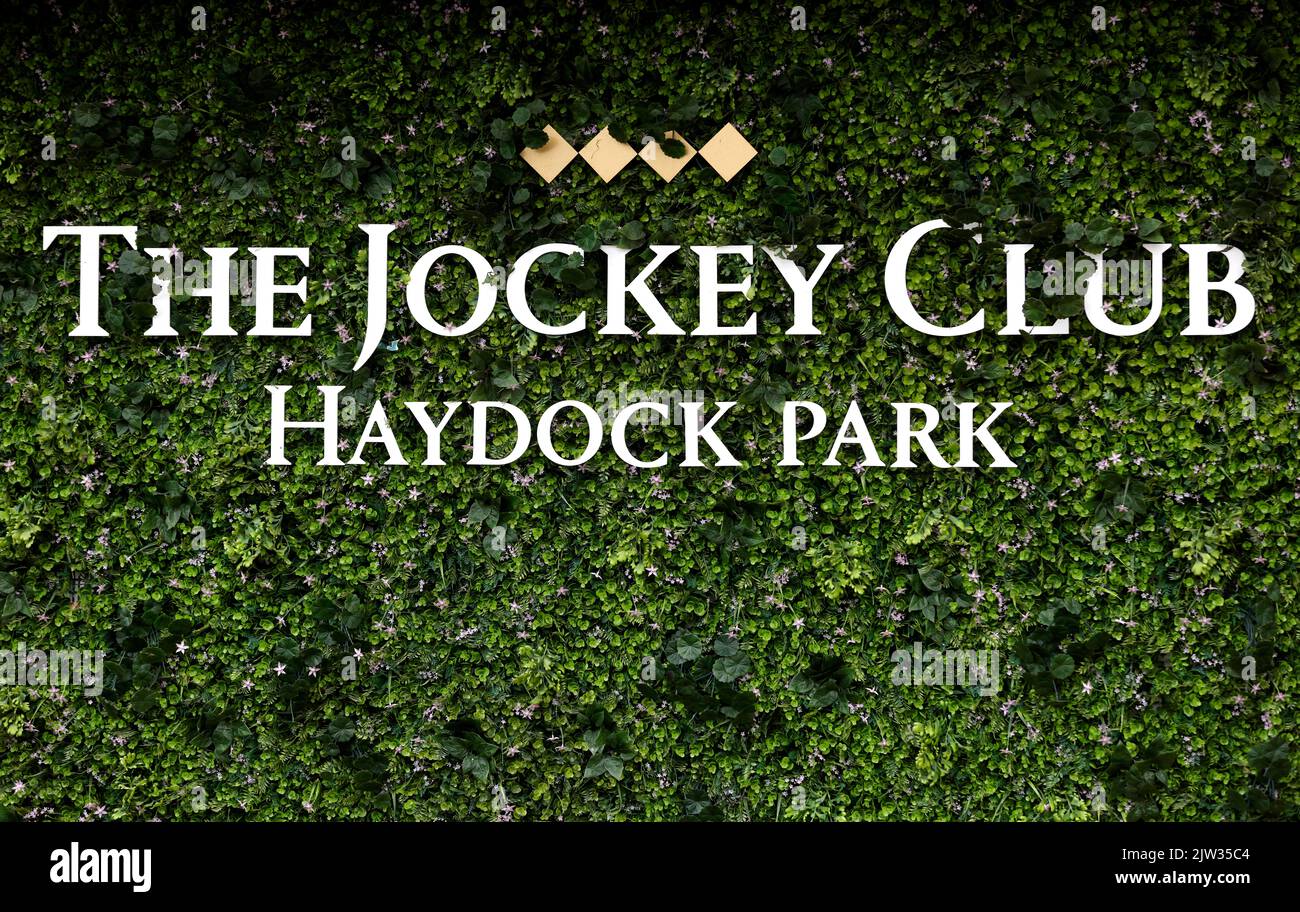 General view of the The Jockey Club signage at Haydock Park racecourse