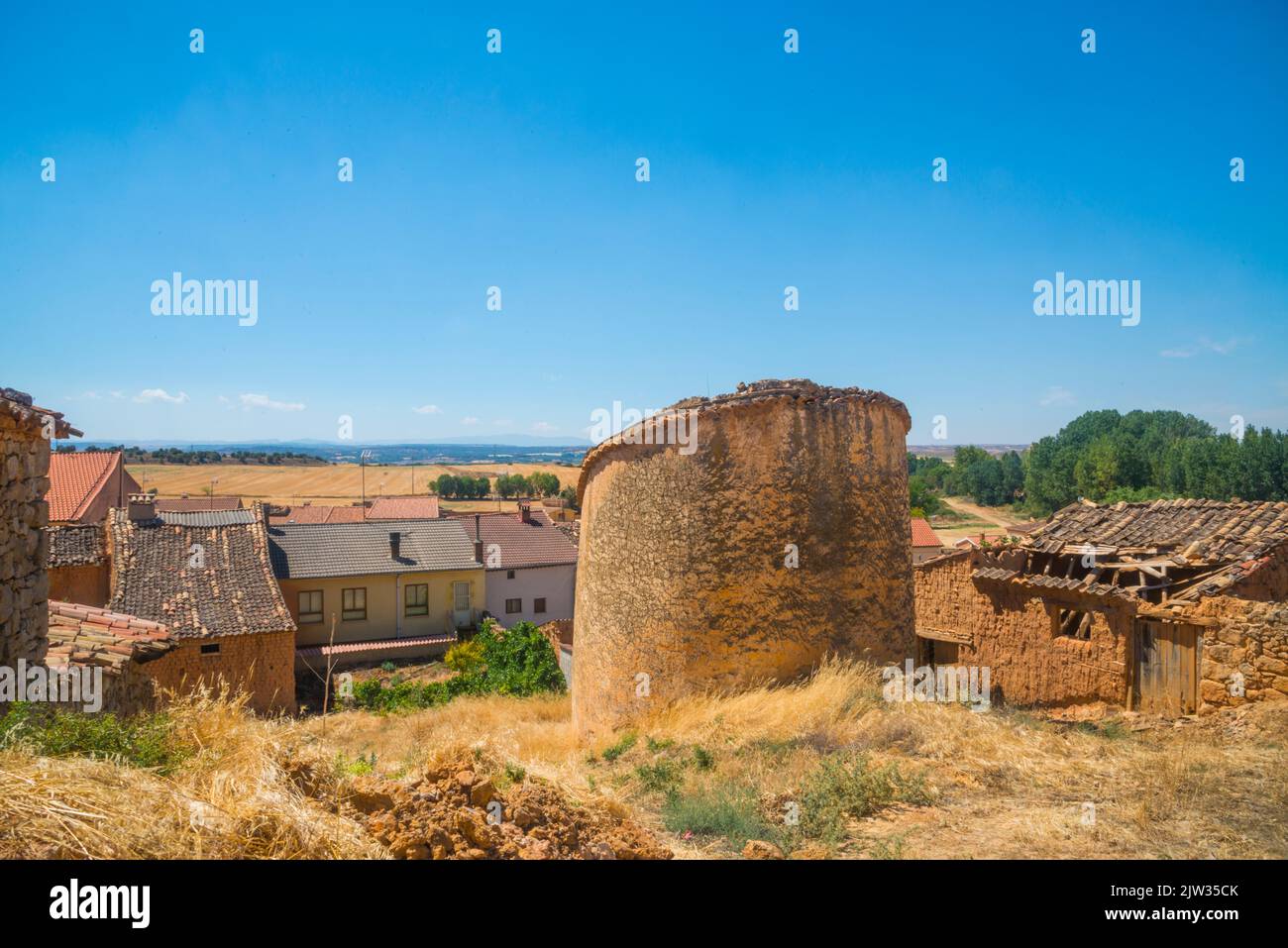 Dovecote and view of the village. Alcubilla del Marques, Soria province, Castilla Leon, Spain. Stock Photo