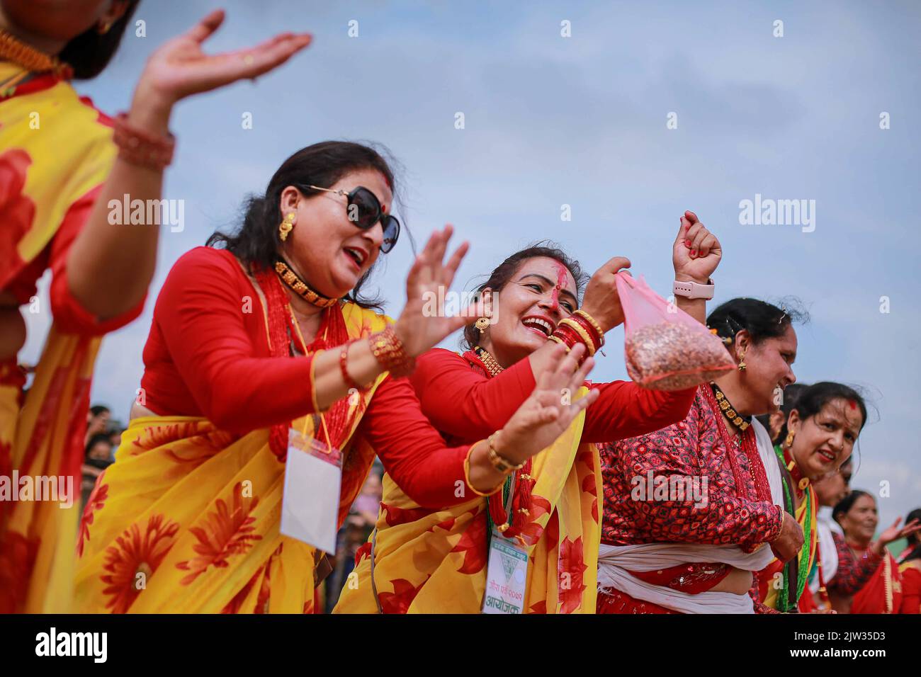 Kathmandu, Bagmati, Nepal. 3rd Sep, 2022. A group of women performs Deuda dance, on the occasion of Gaura Parba at Tudikhel, Kathmandu on Saturday. Gaura Parba, the major festival of the far-west region of Nepal, has been celebrated at country's capital city, Kathmandu as well. Deuda song is the main attraction of the Gaura festival, in which mythical and religious stories are presented in the form of a song. (Credit Image: © Amit Machamasi/ZUMA Press Wire) Credit: ZUMA Press, Inc./Alamy Live News Stock Photo