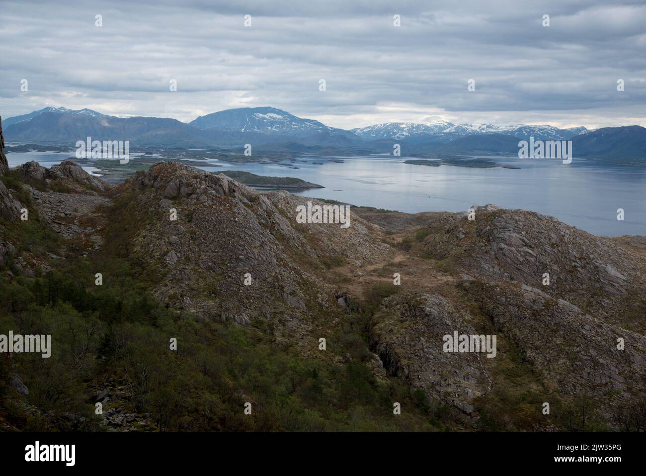 Torghatten is a granite dome in central Norway with great views to the skerries around Brønnøysund. Stock Photo