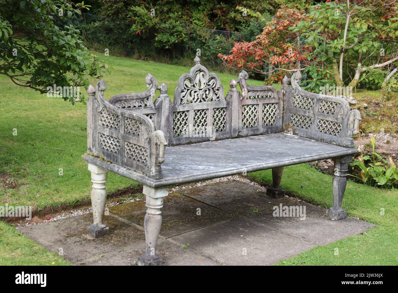 Ornate bench in gardens of Mount Stuart, Isle of Bute, Scotland Stock