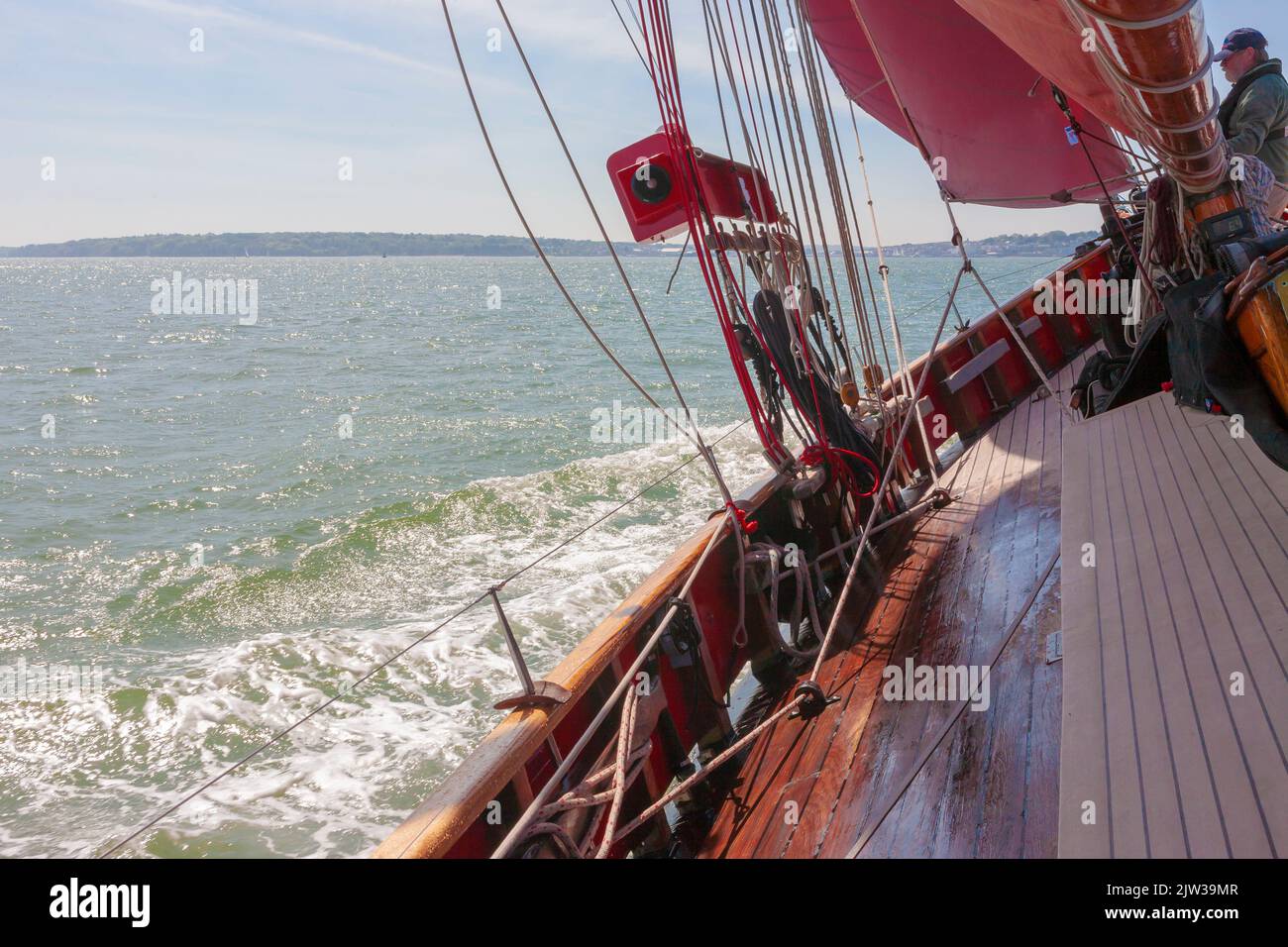 Sailing aboard the traditional gaff cutter 'Jolie Brise' on the Solent on a lovely Summer's day Stock Photo