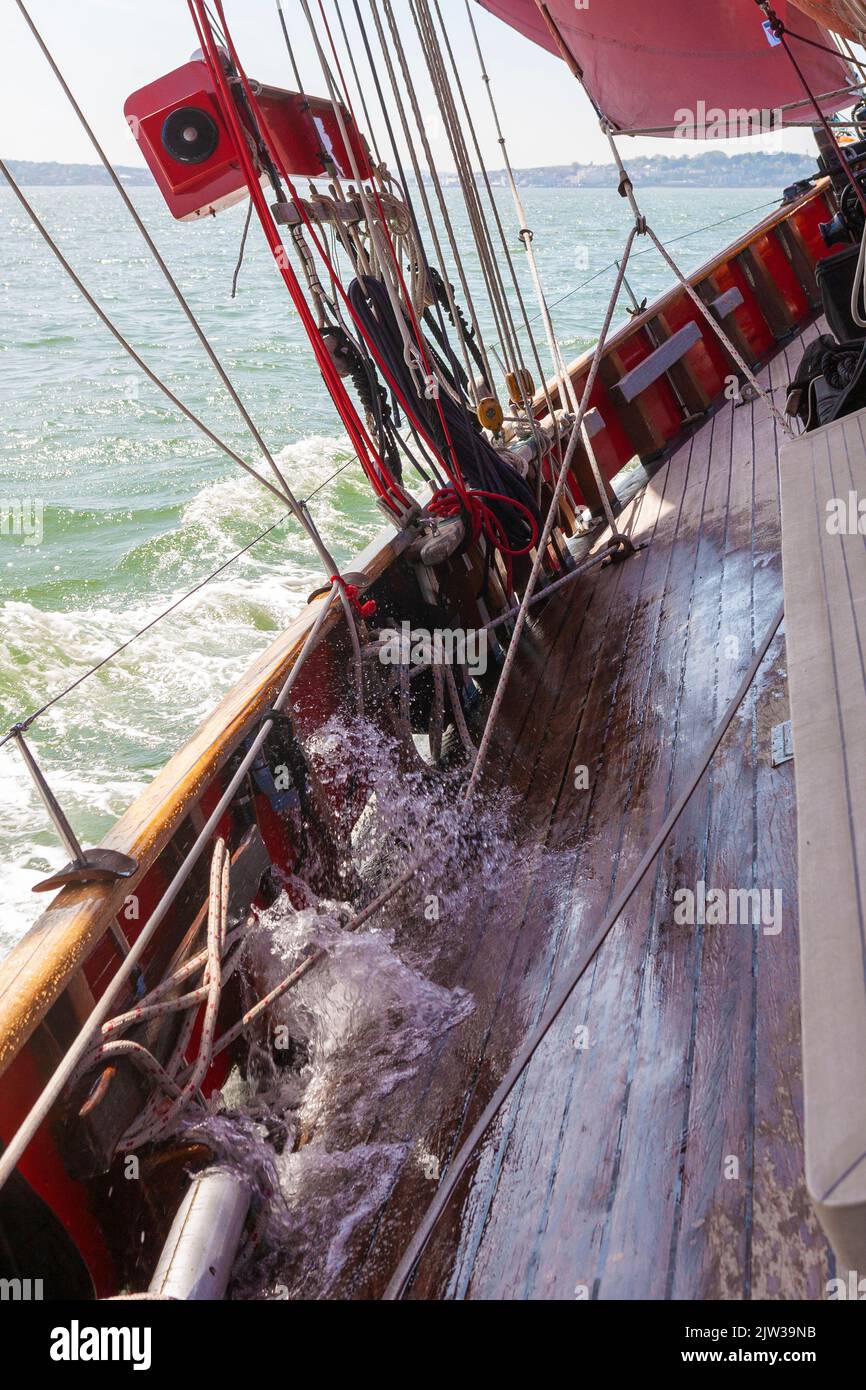 Water in the scuppers as the tradtitional gaff cutter "Jolie Brise