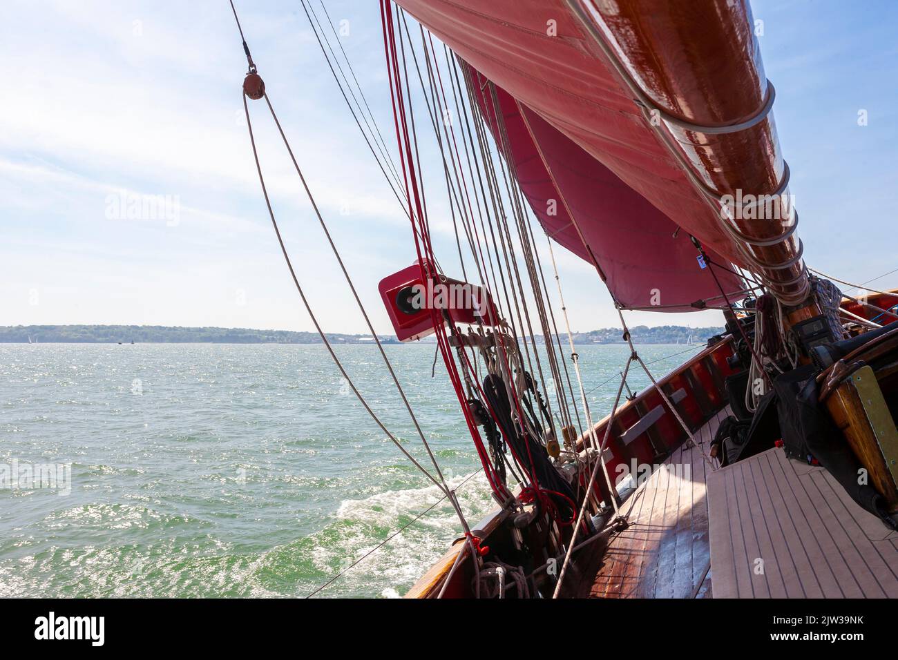 Sailing aboard the traditional gaff cutter 'Jolie Brise' on the Solent on a lovely Summer's day Stock Photo