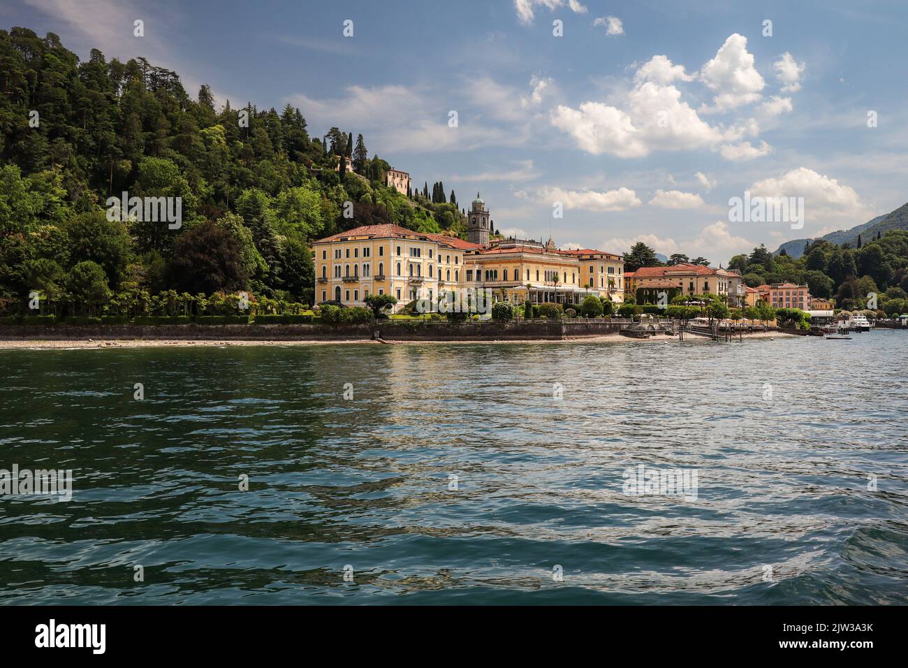 Idyllic View of Bellagio Town in Lombardy. Lake Como with Beautiful Architecture in Italy. Buildings and Water in Europe. Stock Photo