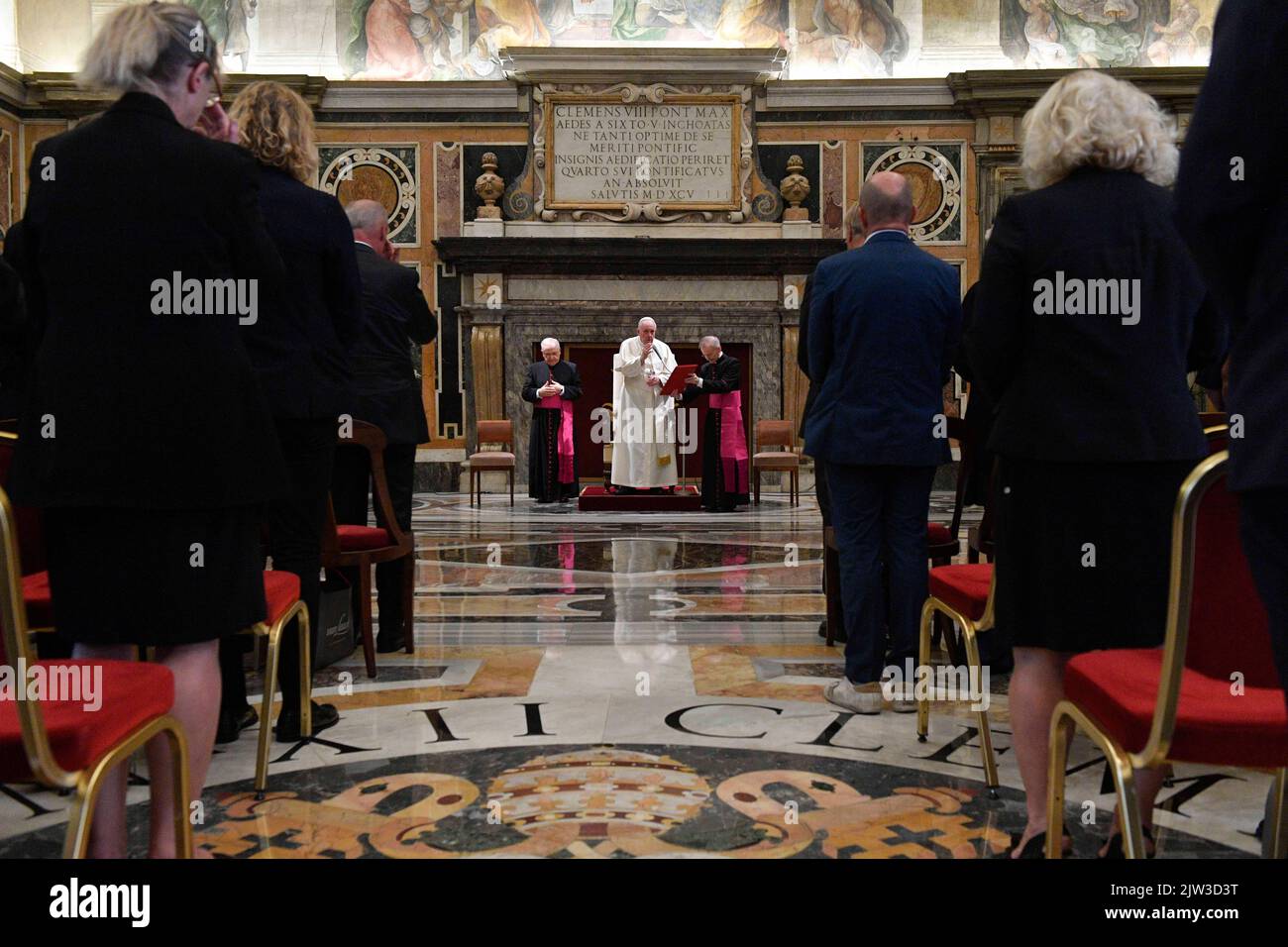 Vatican, Vatican. 02nd Sep, 2022. Italy, Rome, Vatican, 2022/09/02 Pope Francis received in Audience this morning the Members of the Alumni Association of the 'Kollegium Kalksburg' in Vienna at the Vatican . Photograph by Vatican Mediia/Catholic Press Photo. RESTRICTED TO EDITORIAL USE - NO MARKETING - NO ADVERTISING CAMPAIGNS. Credit: Independent Photo Agency/Alamy Live News Stock Photo