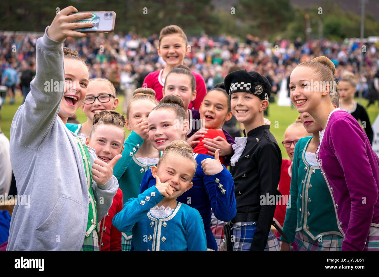 Highland Dancers pose for a selfie during the Braemar Royal Highland ...