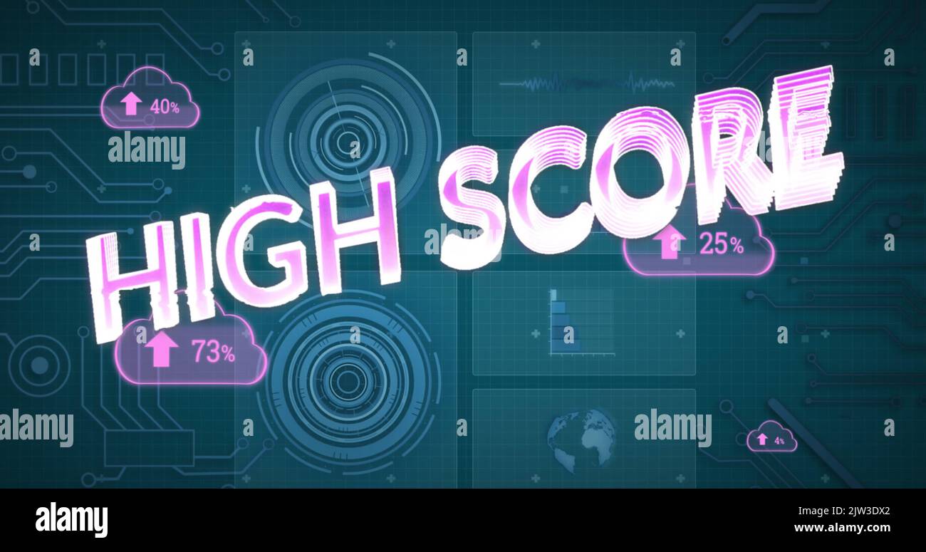 Image of high score text and data processing on blue background Stock Photo
