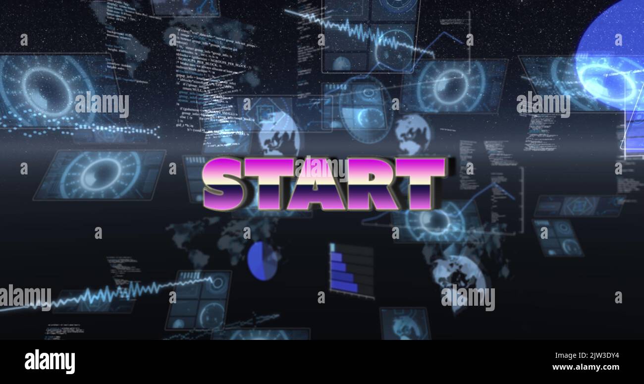 Image of start text and data processing on black background Stock Photo