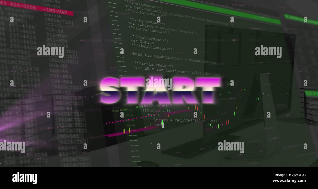 Image of start text and data processing over office Stock Photo