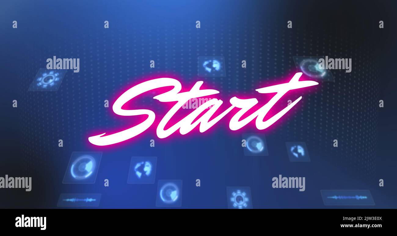 Image of start text and data processing on blue background Stock Photo
