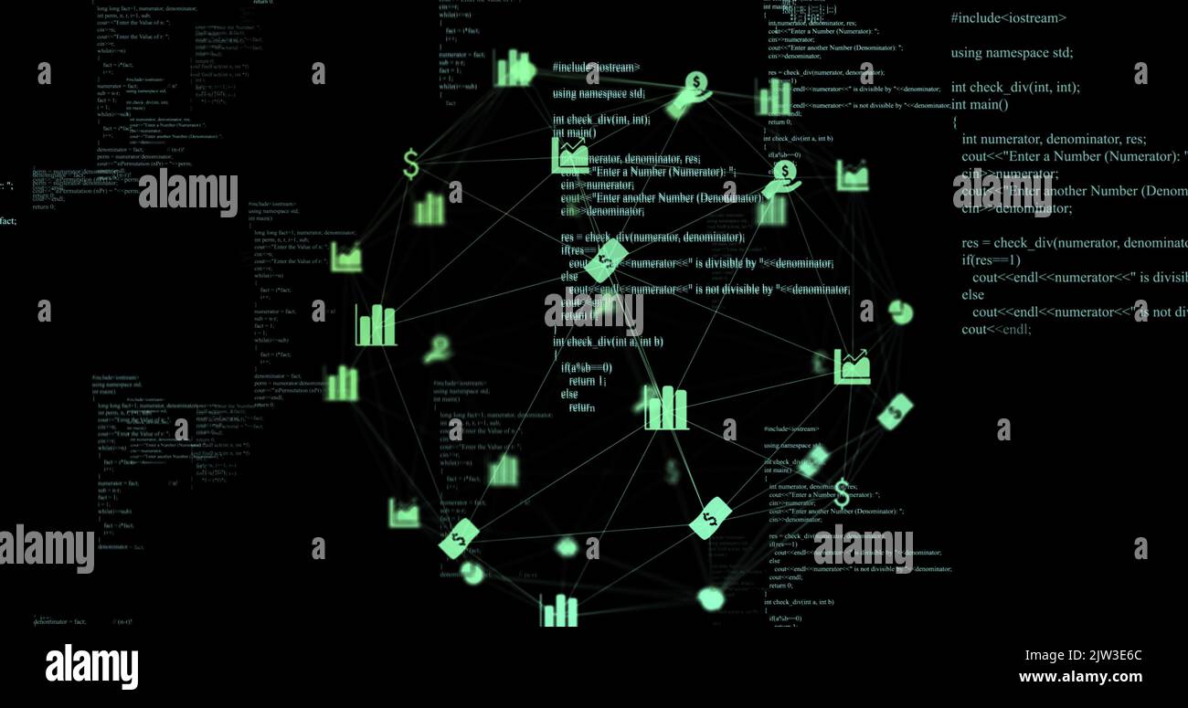 Image of data processing and business icons on black background. global ...