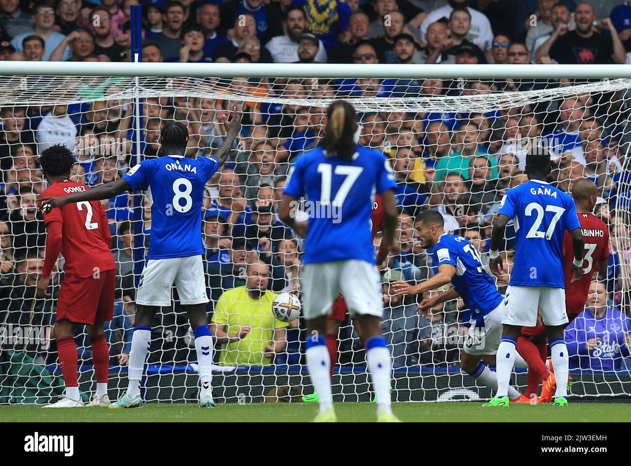 Goodison Park, Liverpool, UK. 3rd Sep, 2022. Premier League football, Everton versus Liverpool: Conor Coady of Everton beats Liverpool goalkeeper Alisson but his goal is ruled out by VAR for offside Credit: Action Plus Sports/Alamy Live News Stock Photo