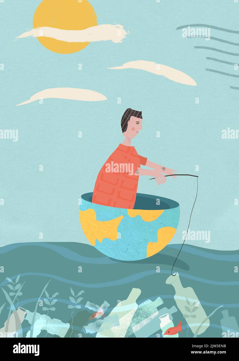 Editorial Conceptual illustration on the topic of plastic in our oceans - depicting a man fishing for plastic bottles in a globe on the sea Stock Photo