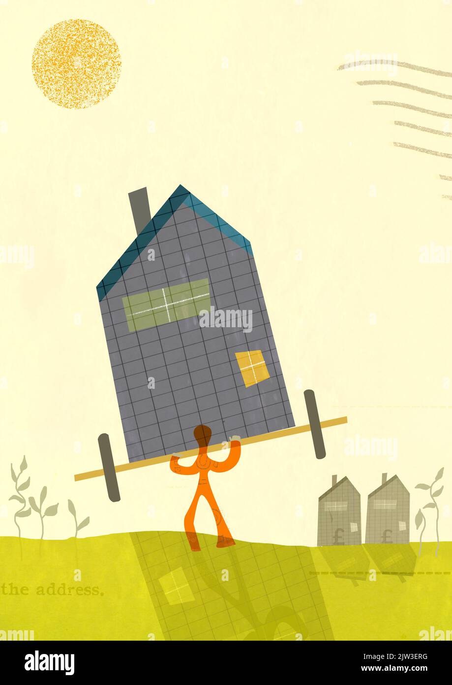 Conceptual Illustration suitable for illustrating the topic of housing - moving house, the burden of home ownership or re-locating. Stock Photo