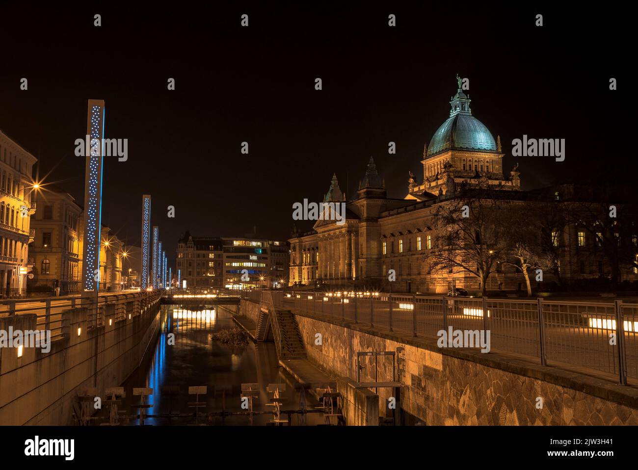 A night view of the Leipzig Federal Administrative Court building, Germany Stock Photo