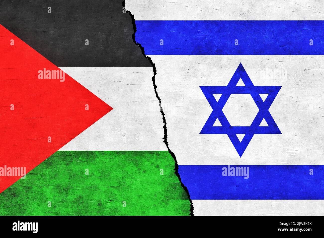 Israel and Palestine painted flags on a wall with a crack. Palestine