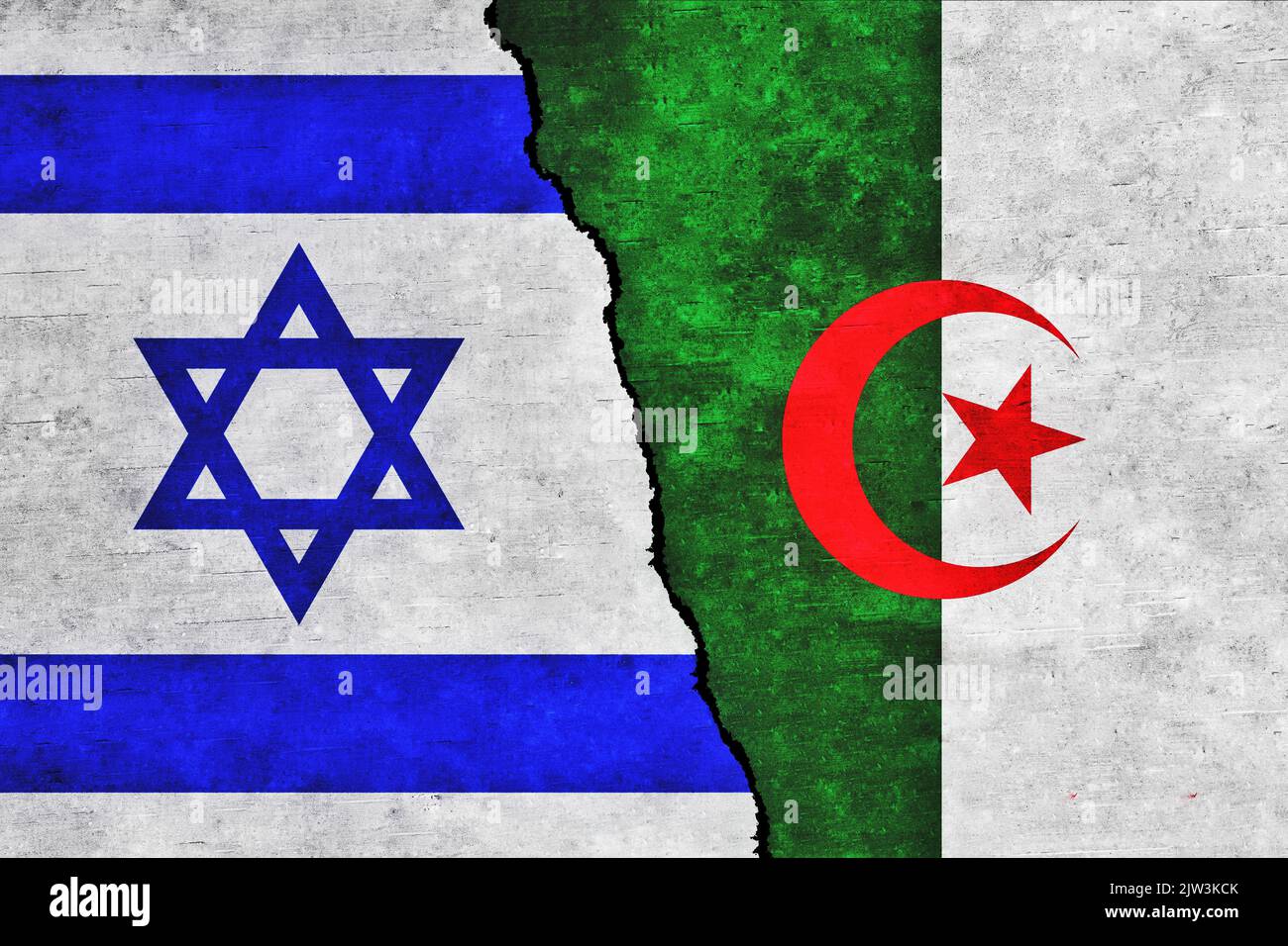 Israel and Algeria painted flags on a wall with a crack. Algeria and Israel conflict. Israel and Algeria flags together. Israel vs Algeria Stock Photo