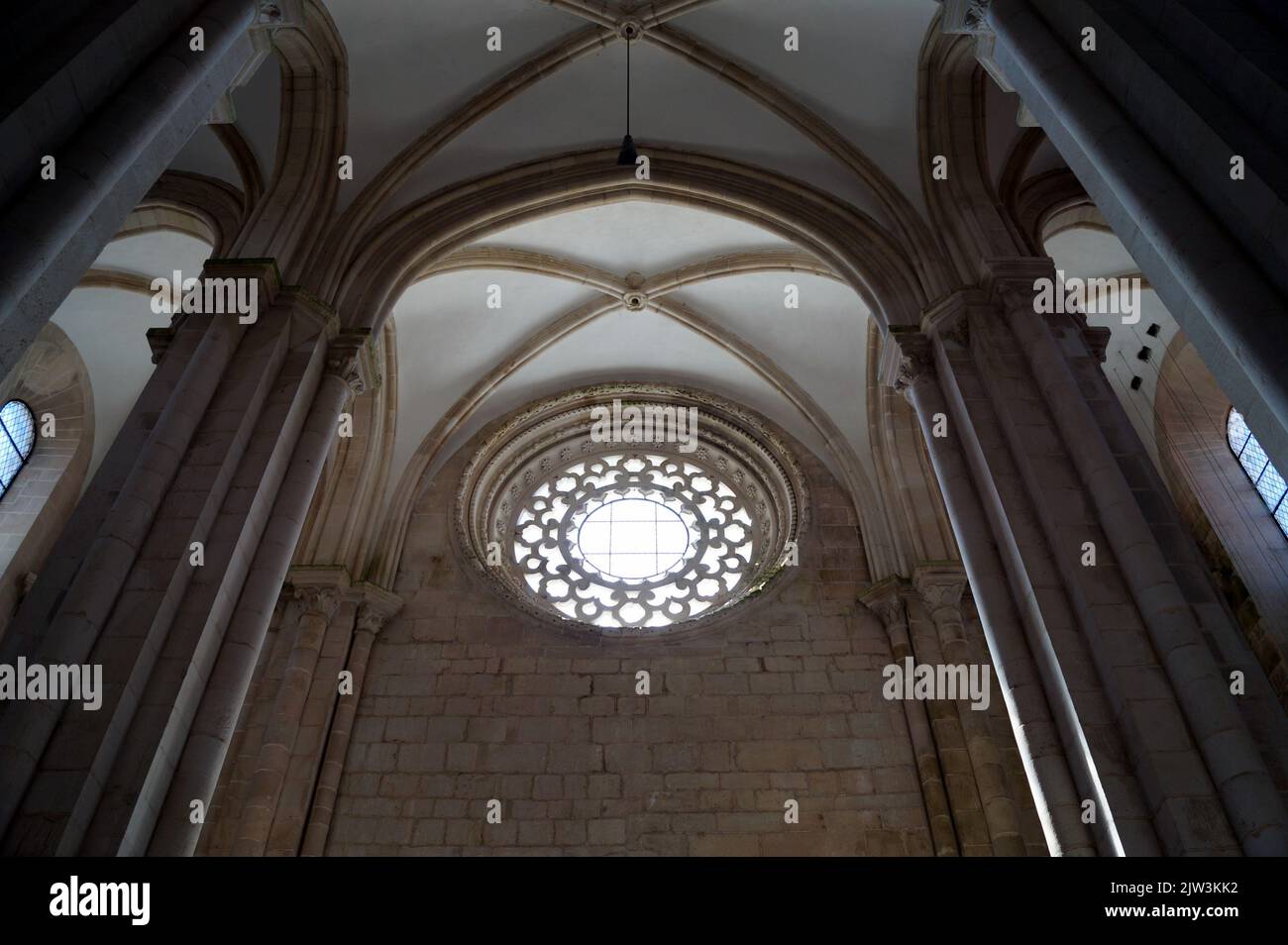 Vaulted ceiling and rose window, interior view, church the Monastery of Alcobaca, Portugal Stock Photo