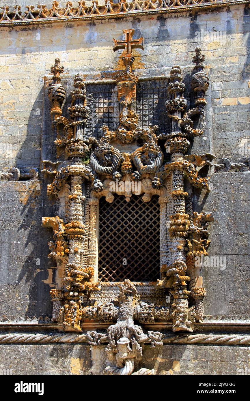 Richly sculpted Window of the Chapter House at the Convent of Christ, aka Janela do Captulo, 16th-century Manueline style, Tomar, Portugal Stock Photo