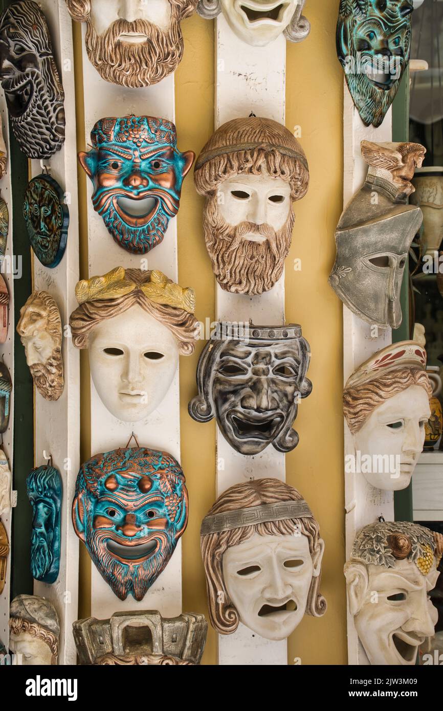 Greek masks in a souvenir shop in Athens Stock Photo Alamy