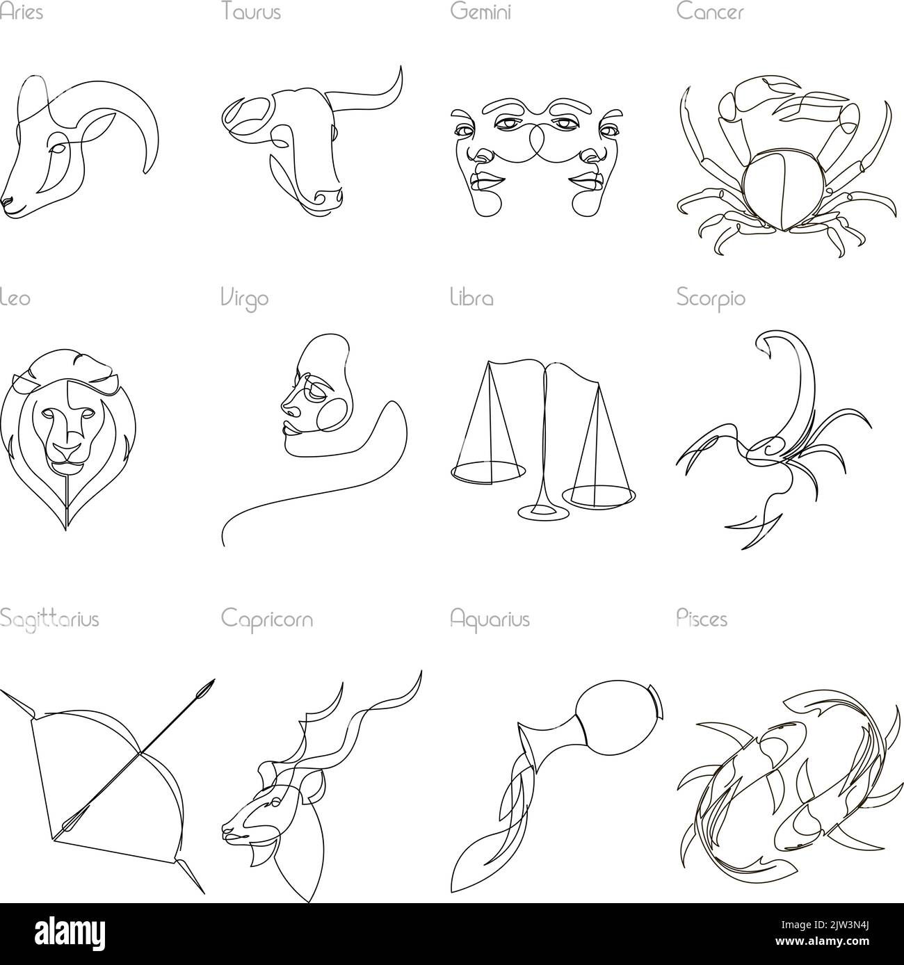 One line Zodiac icon signs. Horoscope vector illustration Stock Vector