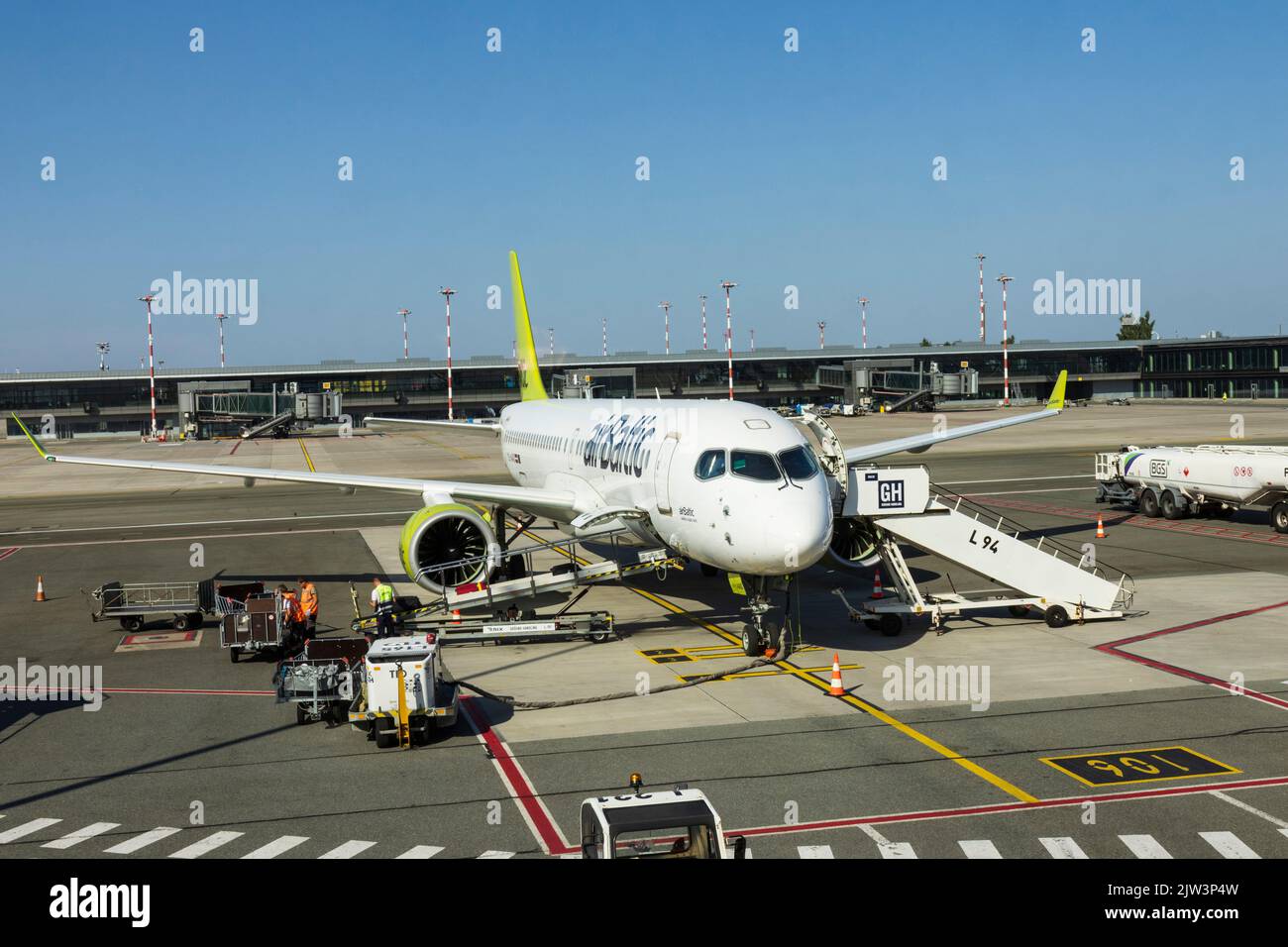 Air Baltic or airBaltic aircraft at the airport of Riga, Latvia, Baltics, Europe Stock Photo