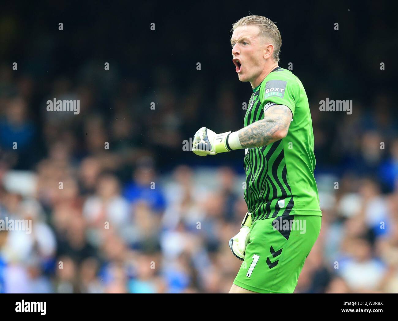 Goodison Park, Liverpool, UK. 3rd Sep, 2022. Premier League football, Everton versus Liverpool: Everton goalkeeper Jordan Pickford reacts furiously towards the assistant referee Credit: Action Plus Sports/Alamy Live News Stock Photo