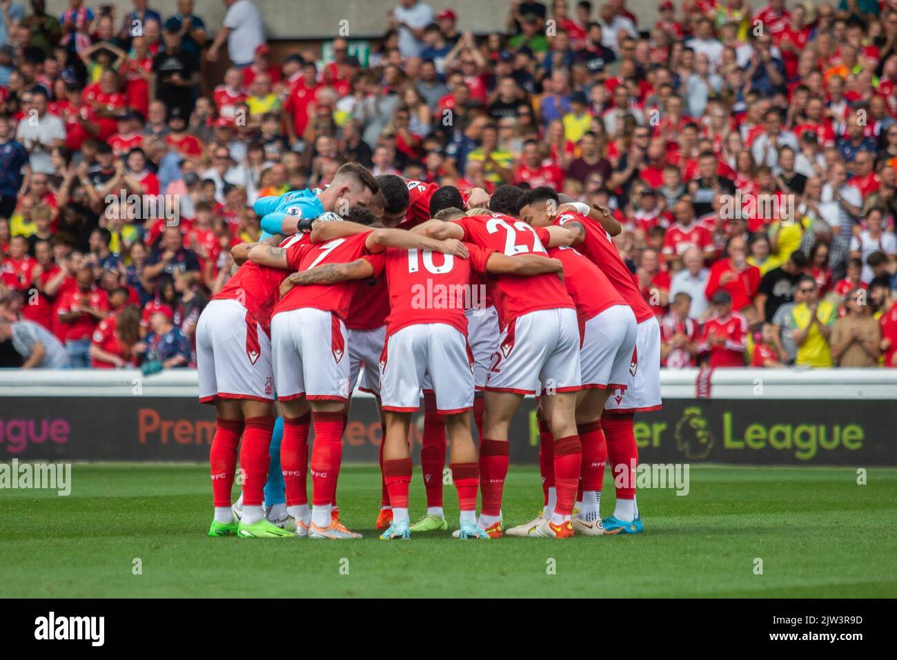 Forest team huddles before the Premier League match Nottingham Forest