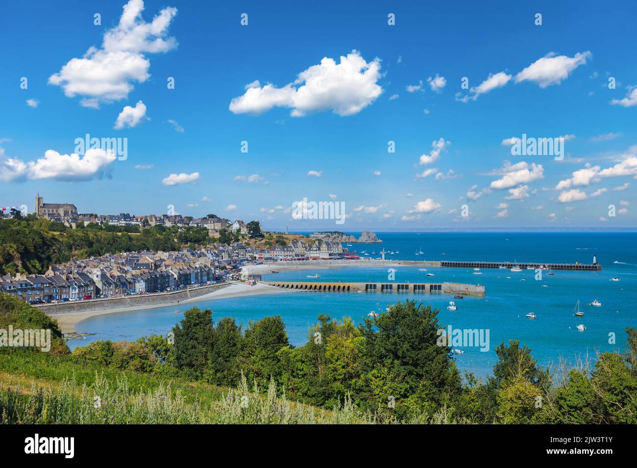 Panoramic view of Cancale, located on the coast of the Atlantic Ocean on the Baie du Mont Saint Michel, Brittany, France Stock Photo